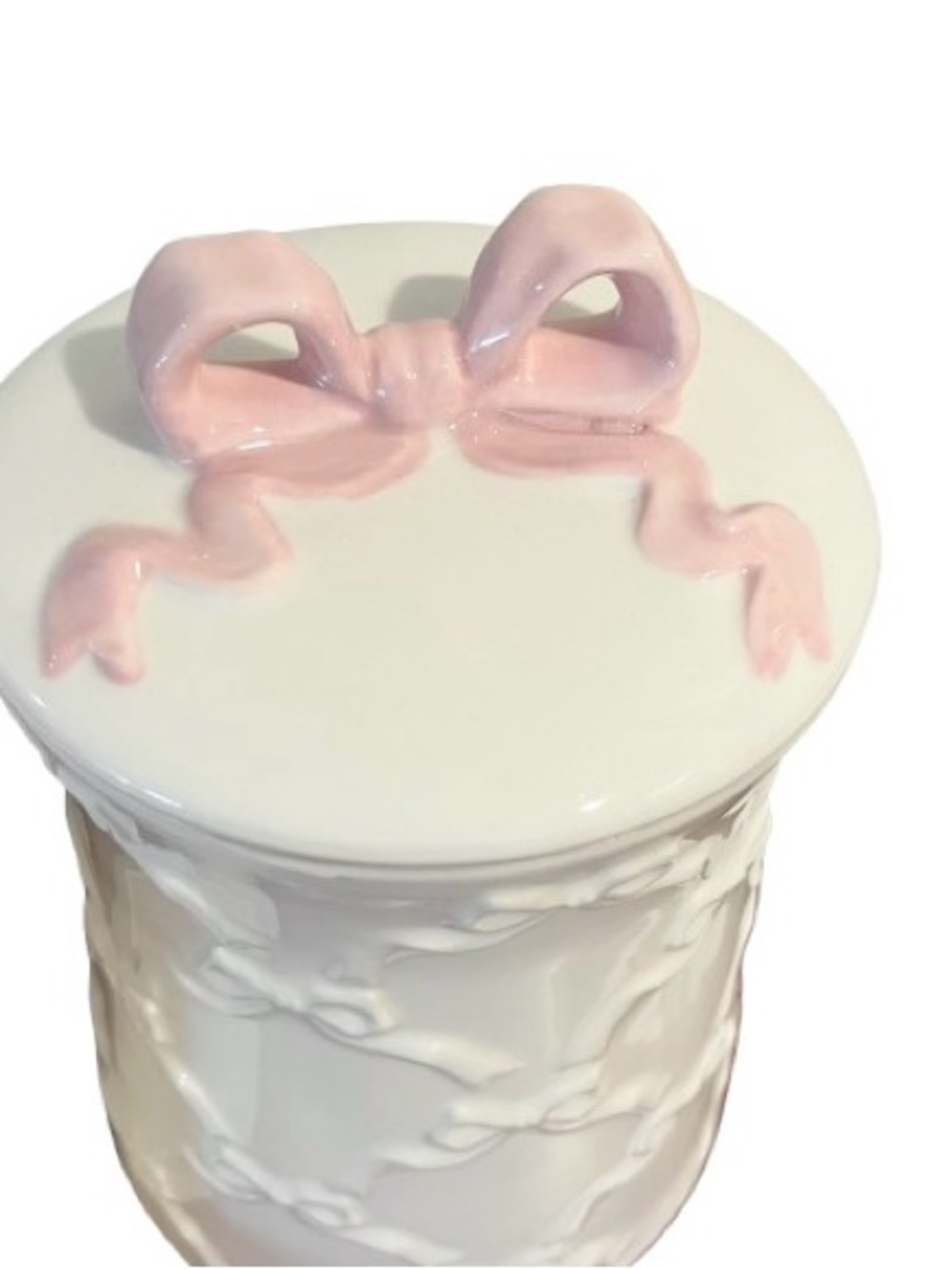 🆕- White Ceramic Decorative Canister Set with Pink Ribbon Accents - Picture 7 of 10